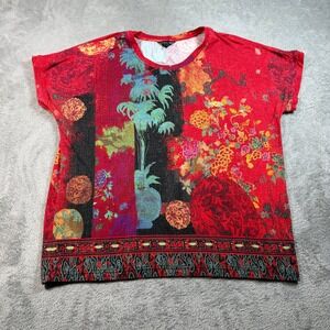 Citron Santa Monica Top Womens 0X Red Floral Asian Art Print Short Sleeve